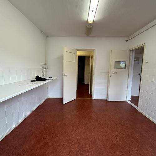 Leeg interieur van een woning met roodbruine vloer, witte muren, en meerdere deuren.