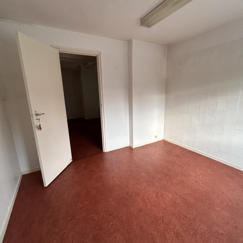 Leeg, licht interieur met een roodbruine vloer, twee witte deuren en muren.