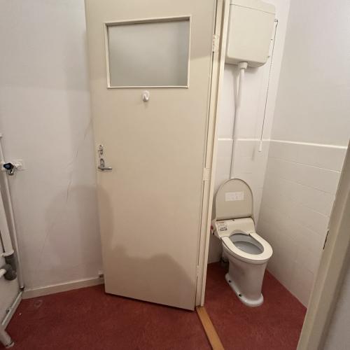 Interieurfoto van een badkamer met een wit toilet rechts en een deur met een kleine spiegel links. De muren zijn wit.