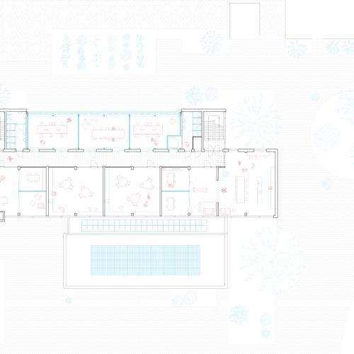 Plattegrond van een woning met een indeling van slaapkamers, badkamer, keuken en gemeenschappelijke woonruimtes.