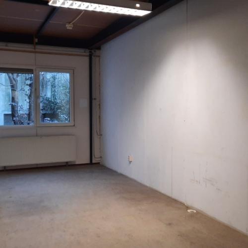 Lege, moderne ruimte met witte muren, een betonnen vloer en een deur met uitzicht op bomen.