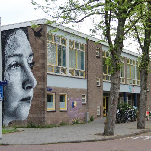 Groot kunstwerk van een portret op een gebouw, voor een modern schoolgebouw met bomen langs de stoep.