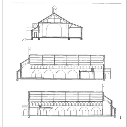 Architectonisch ontwerp met drie stapsgewijze gevels: een koepelvormige, en twee rechthoekige rijen bogen.