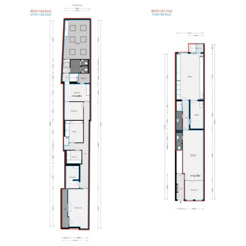 Twee architectonische plattegronden van smalle, verticale gebouwen die de indeling van kamers over meerdere verdiepingen tonen.