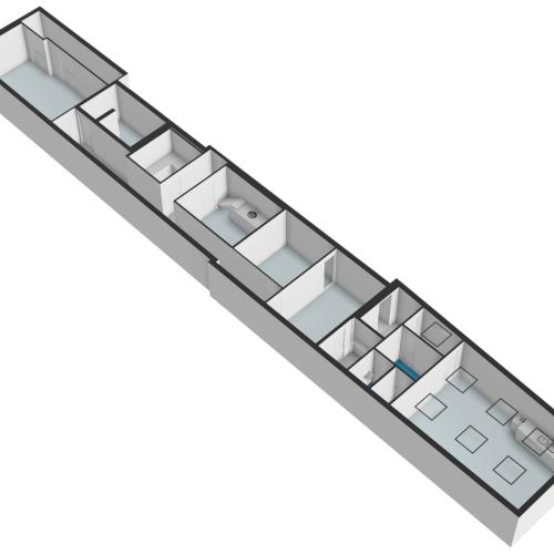 Een lang, minimalistisch opbergrek verdeeld in rechthoekige vakken, geschikt als schoenen- of decoratieve opbergruimte.