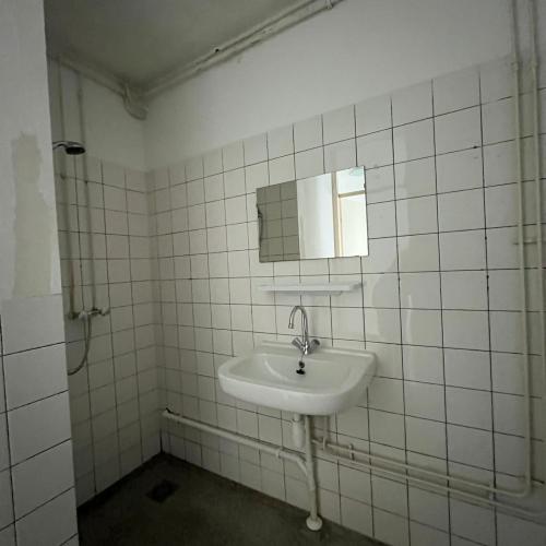 Badkamer met witte tegels en wastafel, inclusief spiegel.