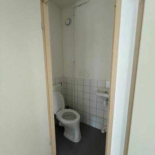 Uitzicht op een modern, strak badkamerhoekje met een wit toilet en kleine tegelwand.