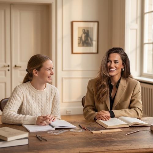 Links een leerling die haar docente rechts van haar aankijkt lachend 
