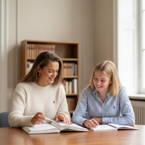 Links de bijles docente die uit het boek uitleg geeft aan de leerling rechts van haar