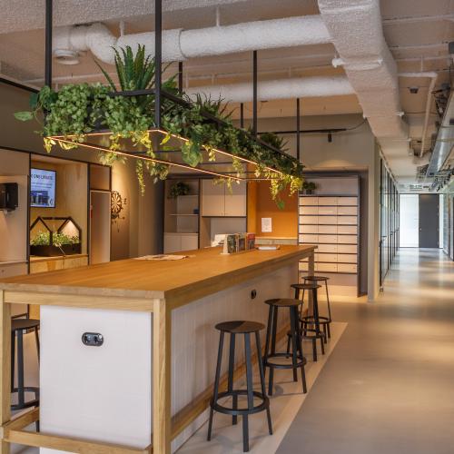 Moderne bar met hangend groen en stools, tegenover een lange, strak ingeplooide gang.