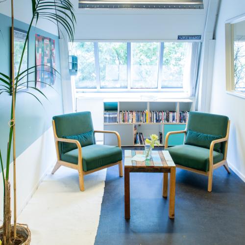 Twee groen gestoffeerde fauteuils staan bij een salontafel voor een groot raam met boekenplanken.