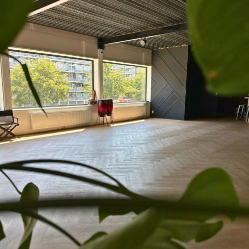 Groot, minimalistisch interieur met ramen en een geurige plant op de voorgrond.